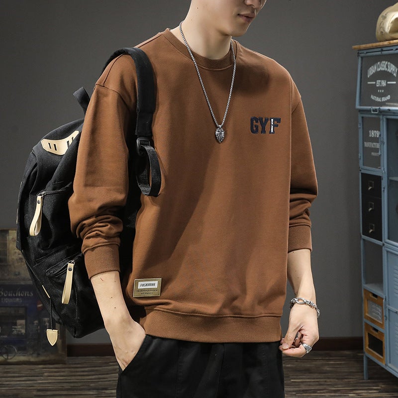 Trendy Embroidered Crewneck Turtleneck Men'S Heavy 400G American Vintage Cotton Backing Shirt Long Sleeve T-Shirt - Image 5