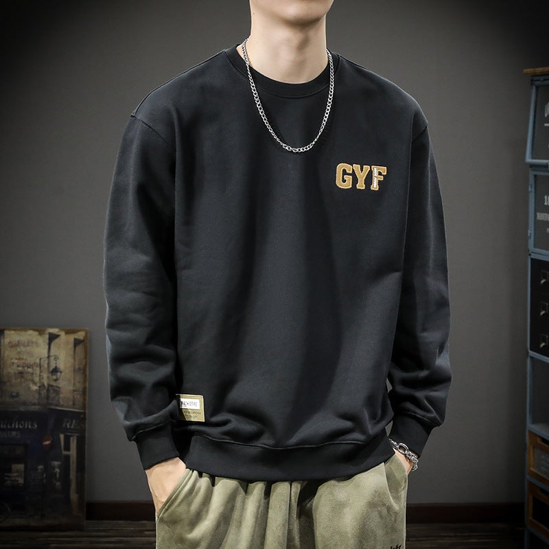 Trendy Embroidered Crewneck Turtleneck Men'S Heavy 400G American Vintage Cotton Backing Shirt Long Sleeve T-Shirt - Image 1