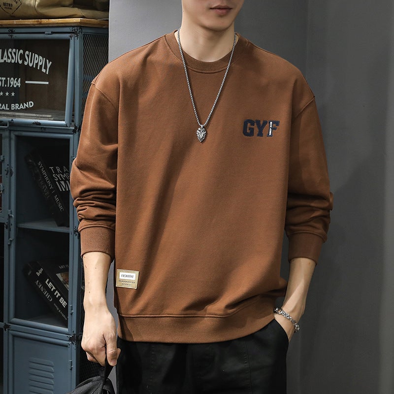 Trendy Embroidered Crewneck Turtleneck Men'S Heavy 400G American Vintage Cotton Backing Shirt Long Sleeve T-Shirt - Image 2