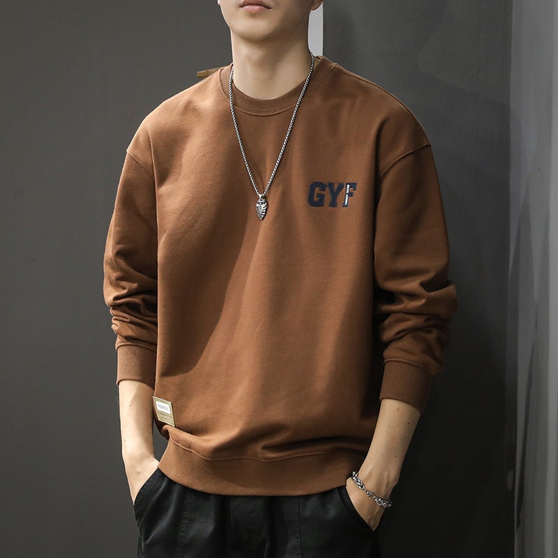 Trendy Embroidered Crewneck Turtleneck Men'S Heavy 400G American Vintage Cotton Backing Shirt Long Sleeve T-Shirt - Image 3