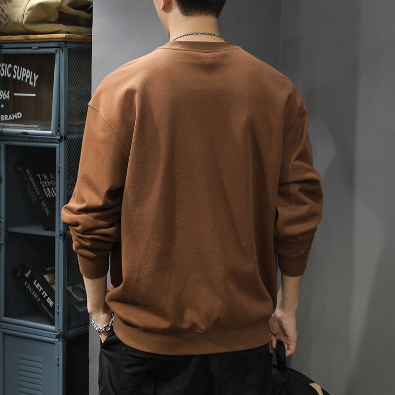 Trendy Embroidered Crewneck Turtleneck Men'S Heavy 400G American Vintage Cotton Backing Shirt Long Sleeve T-Shirt - Image 4