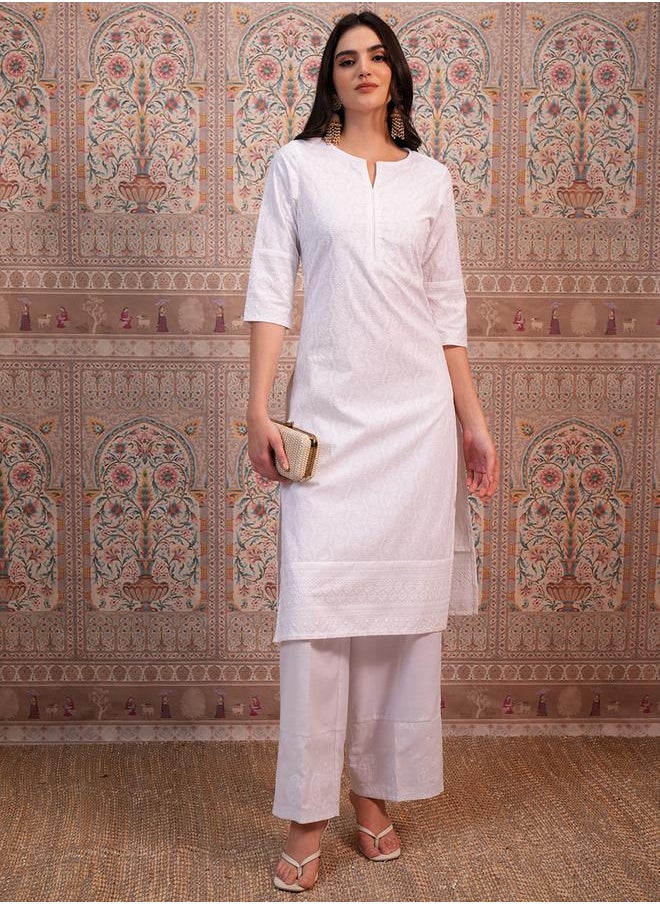Vishudh White Ethnic Motifs Embroidered Thread Work Straight Kurta by Styli  - Image 1