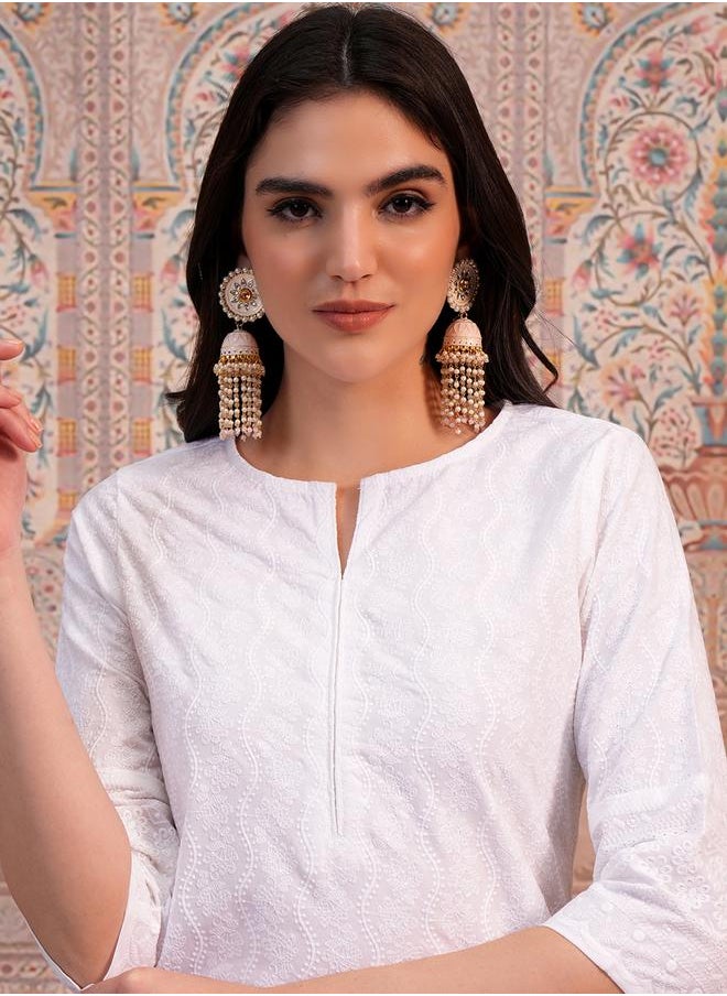 Vishudh White Ethnic Motifs Embroidered Thread Work Straight Kurta by Styli  - Image 2
