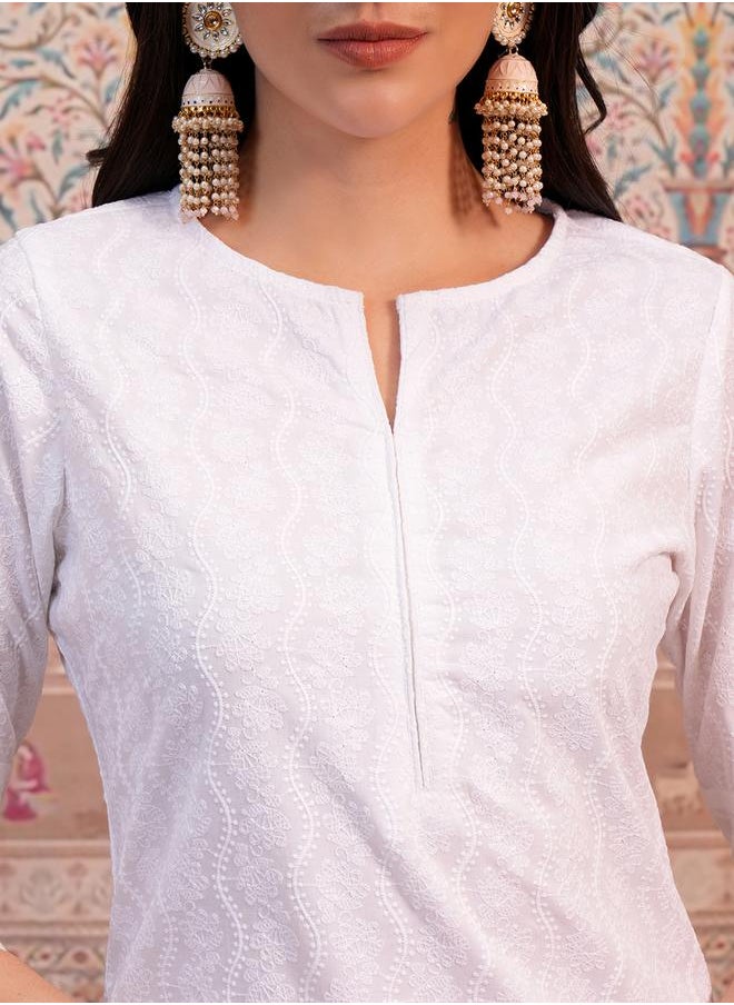 Vishudh White Ethnic Motifs Embroidered Thread Work Straight Kurta by Styli  - Image 5
