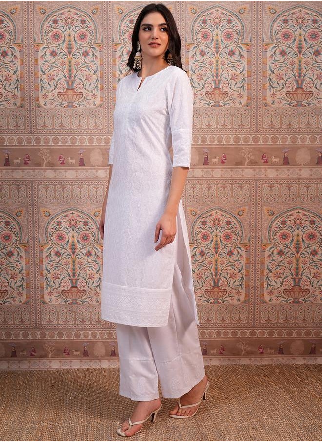 Vishudh White Ethnic Motifs Embroidered Thread Work Straight Kurta by Styli  - Image 4
