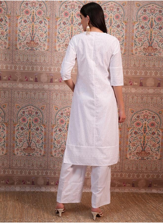 Vishudh White Ethnic Motifs Embroidered Thread Work Straight Kurta by Styli  - Image 3