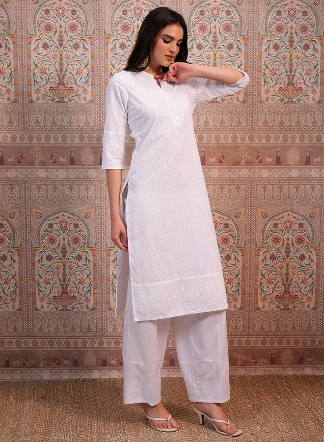 Vishudh White Ethnic Motifs Embroidered Thread Work Straight Kurta by Styli