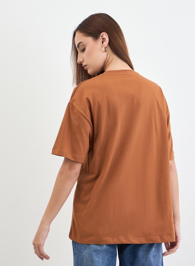 Styli Brown Slogan Print Oversized T-Shirt - Image 5