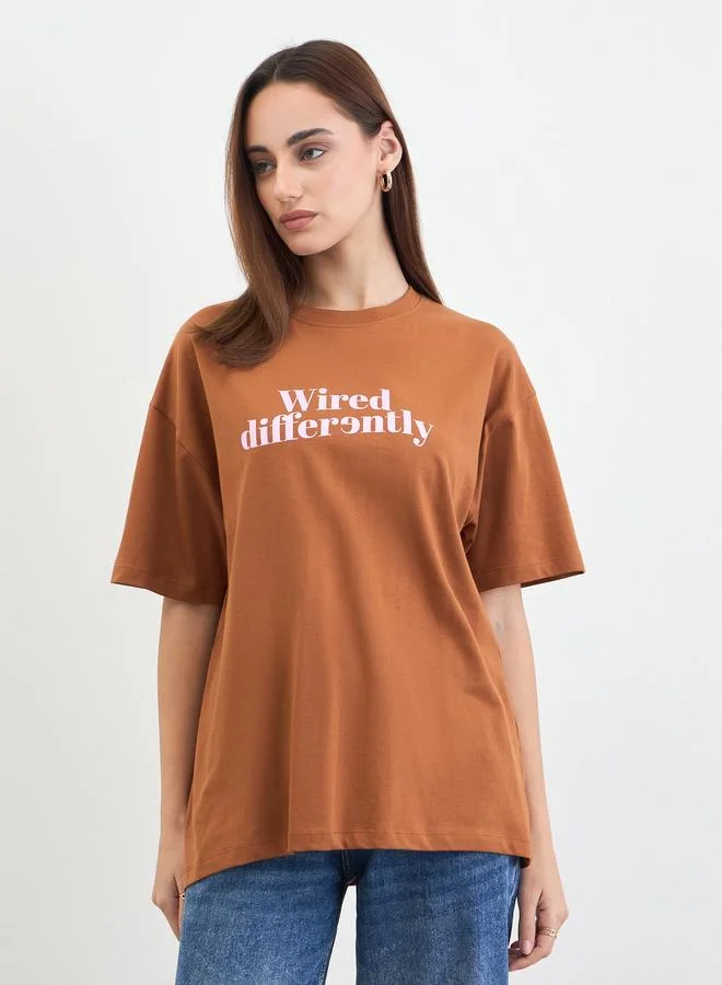 Brown Slogan Print Oversized T-Shirt