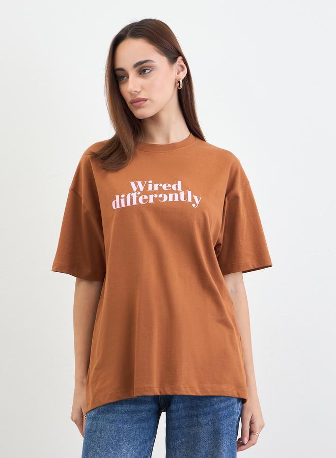 Styli Brown Slogan Print Oversized T-Shirt - Image 1