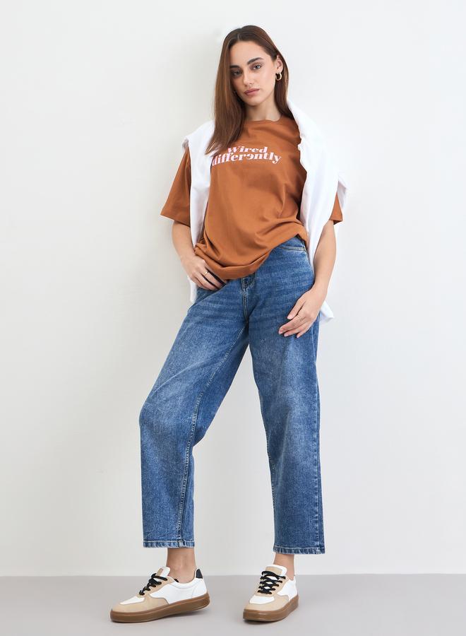 Styli Brown Slogan Print Oversized T-Shirt - Image 2