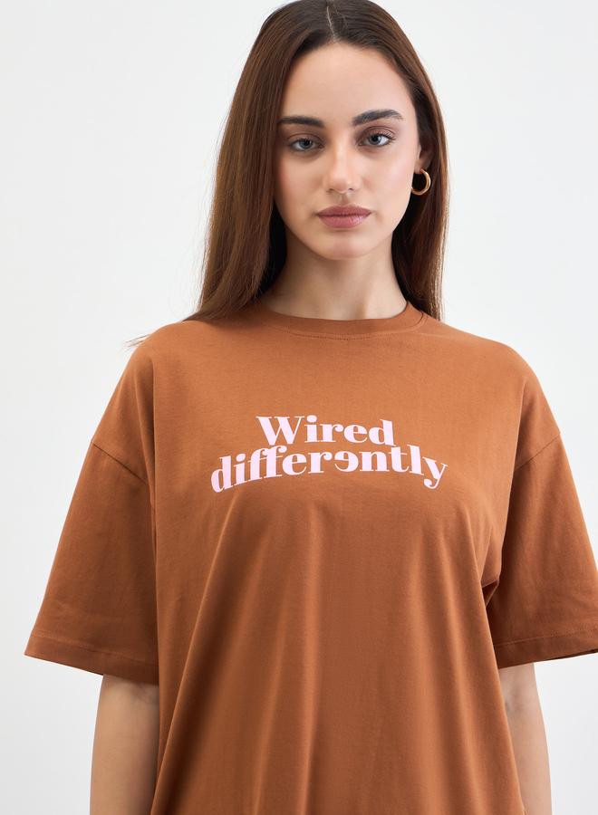Styli Brown Slogan Print Oversized T-Shirt - Image 4