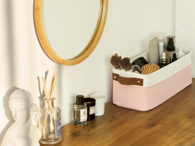 StorageWorks Narrow Storage Bins  Small baskets for Organizing  Long Storage Basket with Handles  Fabric Storage Bins for Shelf  Pink and White  2-Pack - Image 3