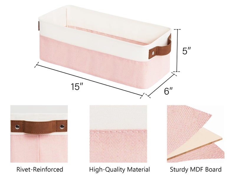 StorageWorks Narrow Storage Bins  Small baskets for Organizing  Long Storage Basket with Handles  Fabric Storage Bins for Shelf  Pink and White  2-Pack - Image 1