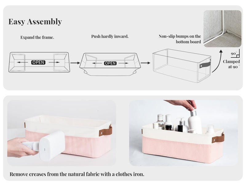 StorageWorks Narrow Storage Bins  Small baskets for Organizing  Long Storage Basket with Handles  Fabric Storage Bins for Shelf  Pink and White  2-Pack - Image 2