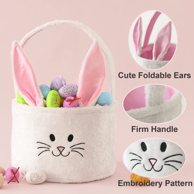 INough Easter Basket for Kids, Fluffy Bunny Easter Baskets for Boys Girls, Easter Gifts Basket with Foldable Ears, Baby Bags for Easter Egg Hunts - 11.8 x 9.5 Inches (Pink) - Image 4