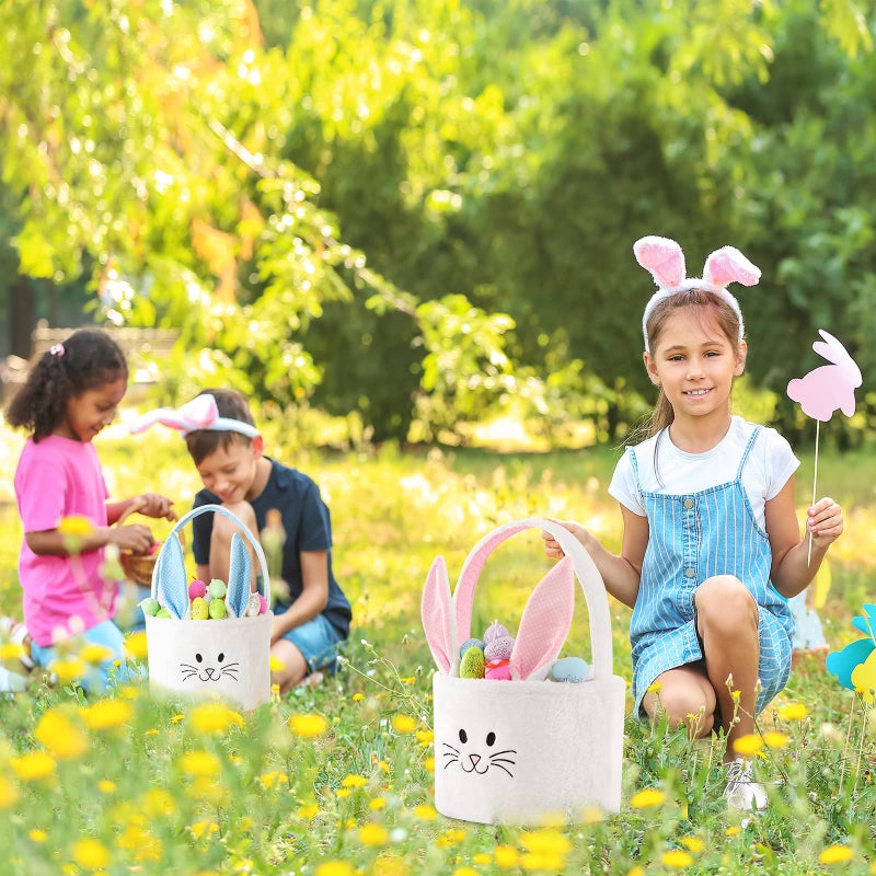 INough Easter Basket for Kids, Fluffy Bunny Easter Baskets for Boys Girls, Easter Gifts Basket with Foldable Ears, Baby Bags for Easter Egg Hunts - 11.8 x 9.5 Inches (Pink) - Image 5