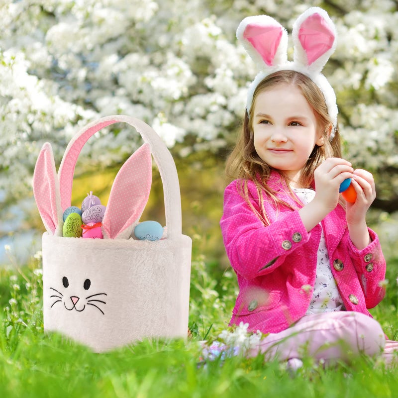 INough Easter Basket for Kids, Fluffy Bunny Easter Baskets for Boys Girls, Easter Gifts Basket with Foldable Ears, Baby Bags for Easter Egg Hunts - 11.8 x 9.5 Inches (Pink) - Image 2