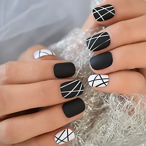 EchiQ Short Round Fake Nails BlackWhite Lines Simple Design Fingernail Tip Professional French Nail Art For Student Office Lady