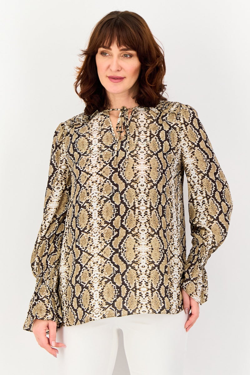 SELECTED Women Tie Neck Long Sleeve Snake Print Blouse, Multicolor - Image 1