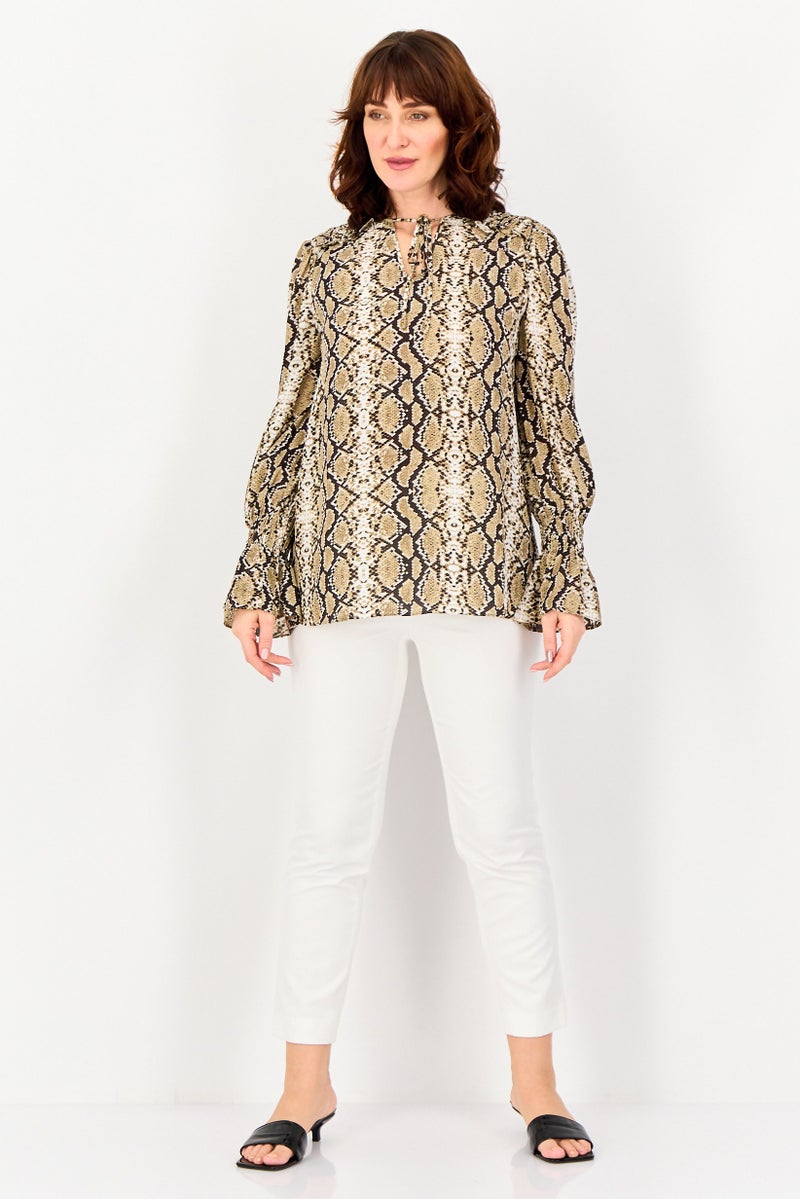 SELECTED Women Tie Neck Long Sleeve Snake Print Blouse, Multicolor - Image 4