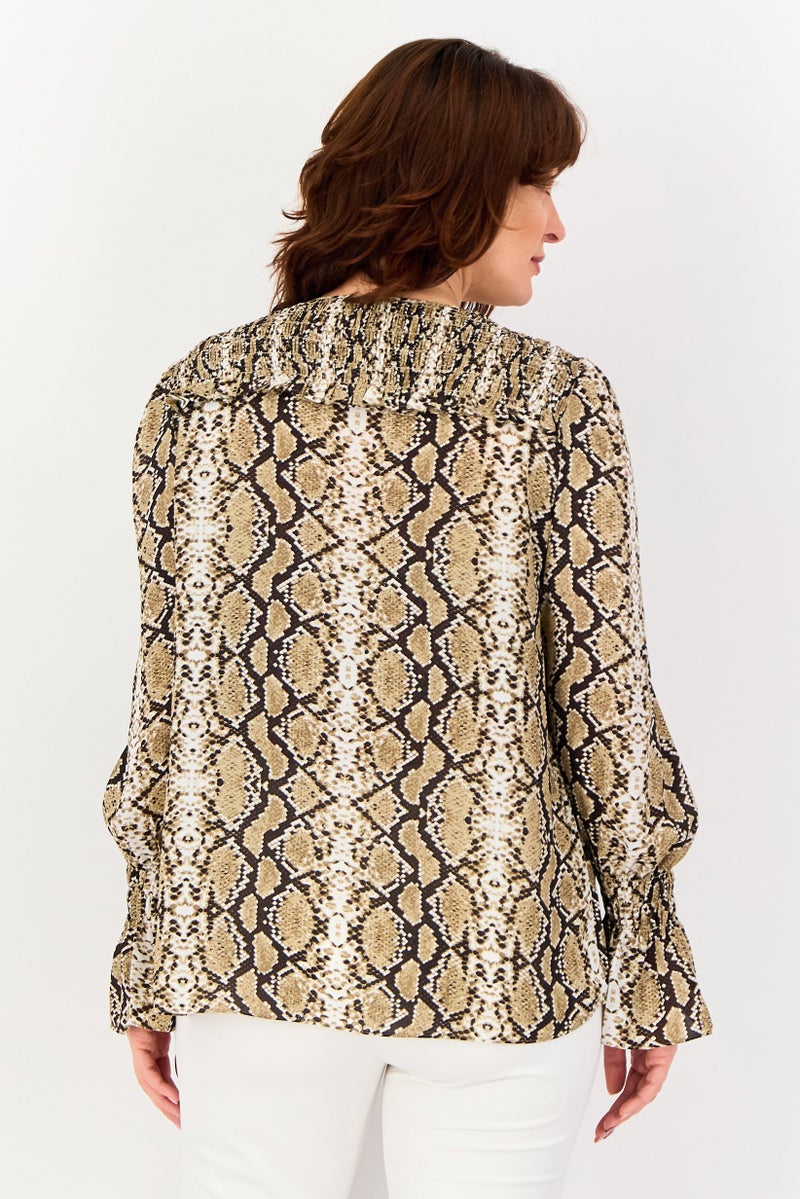 SELECTED Women Tie Neck Long Sleeve Snake Print Blouse, Multicolor - Image 3