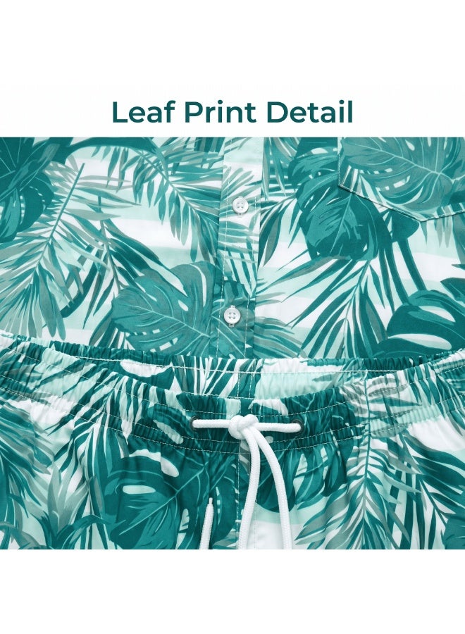 IceZone Men's 2 Piece Matching Set, Monstera Green Tropical Print, Short Sleeve Button Up Shirt & Quick Dry Swim Shorts, Summer Beach Outfit - Image 2