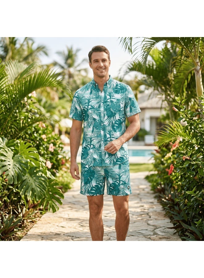 IceZone Men's 2 Piece Matching Set, Monstera Green Tropical Print, Short Sleeve Button Up Shirt & Quick Dry Swim Shorts, Summer Beach Outfit - Image 1