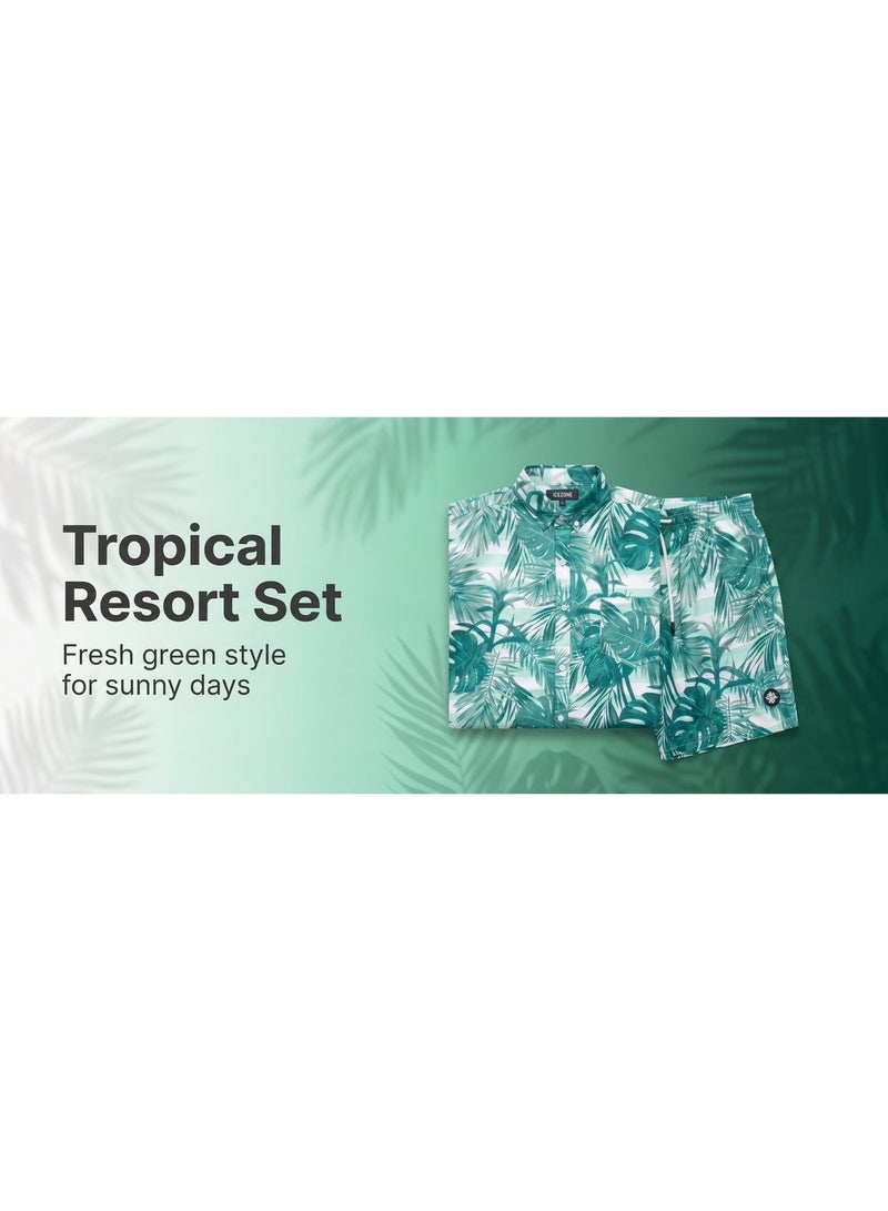 IceZone Men's 2 Piece Matching Set, Monstera Green Tropical Print, Short Sleeve Button Up Shirt & Quick Dry Swim Shorts, Summer Beach Outfit - Image 3