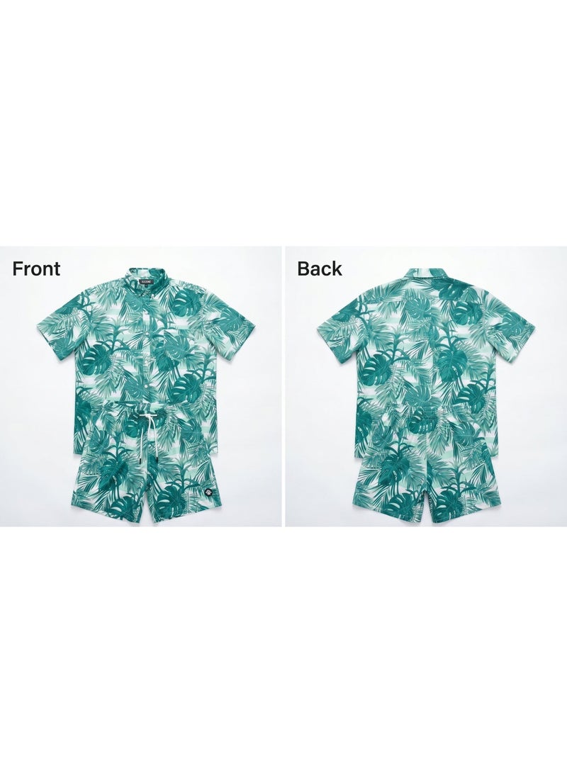 IceZone Men's 2 Piece Matching Set, Monstera Green Tropical Print, Short Sleeve Button Up Shirt & Quick Dry Swim Shorts, Summer Beach Outfit - Image 4