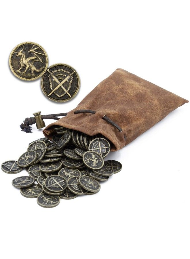 CASEMATIX Metal Coins And Carrying Pouch For Tabletop Rpg Board Games 100 Count Dnd Coins Fantasy Coins With Dragons & Sword And Shield Engraving, Metal Tokens For Board Games With Pu Leather Bag  - Image 1