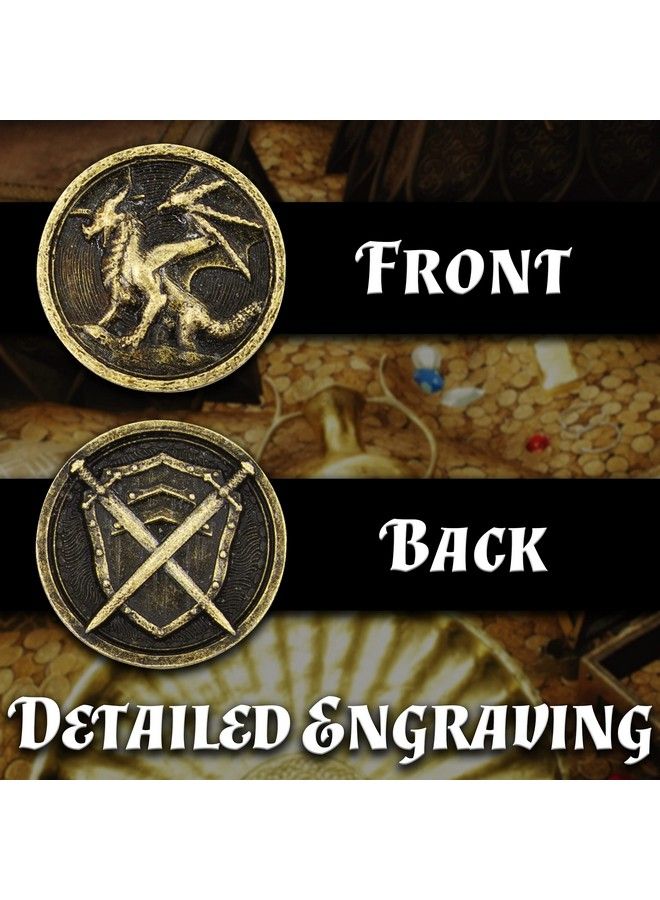 CASEMATIX Metal Coins And Carrying Pouch For Tabletop Rpg Board Games 100 Count Dnd Coins Fantasy Coins With Dragons & Sword And Shield Engraving, Metal Tokens For Board Games With Pu Leather Bag  - Image 4