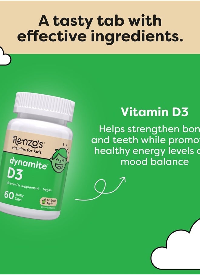Renzo's - Dynamite Vitamin D3 - Dissolving Kids Vitamin D3-60 Sugar-Free Melty Tabs, Lil' Green Apple Flavored - Image 1