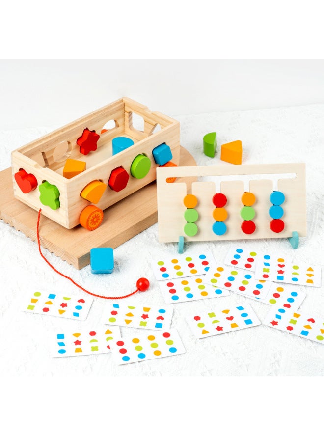 Wooden Multifunctional Pulling Radish Farm Fruit Cognitive Shape Matching Drag Trolley Children's Early Education Toys-Color:Shape Building Block Trailer (four-color Game) - Image 1