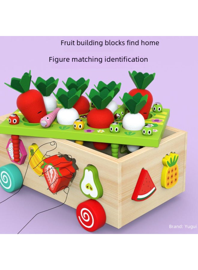Wooden Multifunctional Pulling Radish Farm Fruit Cognitive Shape Matching Drag Trolley Children's Early Education Toys-Color:Shape Building Block Trailer (four-color Game) - Image 5