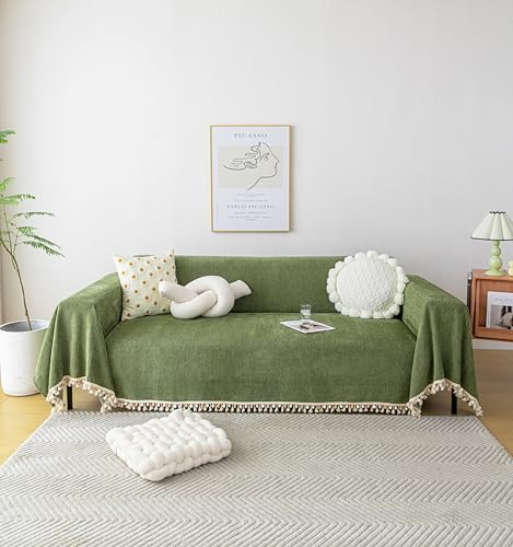 HANDONTIME Christmas Green Sofa Cover Vintage Couch Cover for Dogs 71" X118" Couch Cushion Covers with Tassel Sofa Cover Boho Sofa Covers for 3 Cushion Couch Chenille Soft Loveseat Sofa Covers - Image 1