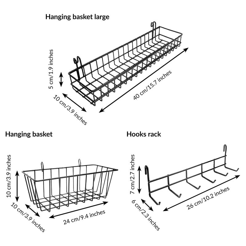 ODOXIA Hanging Baskets & Hooks Rack | Wall Grid Accessories for Wire Wall Grid Panel | Grid Panel Accessories | Wire Wall Baskets & Hanging Hooks | Grid Wall Storage | Pegboard Baskets & Key Holder - Image 3