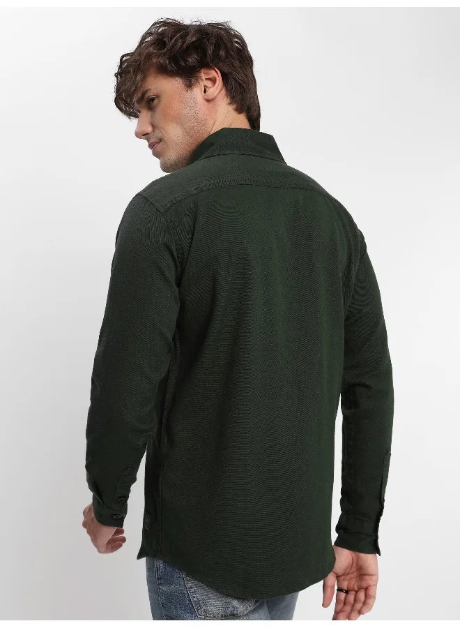 Beyoung Deep Olive Green Urban Shirt for Men