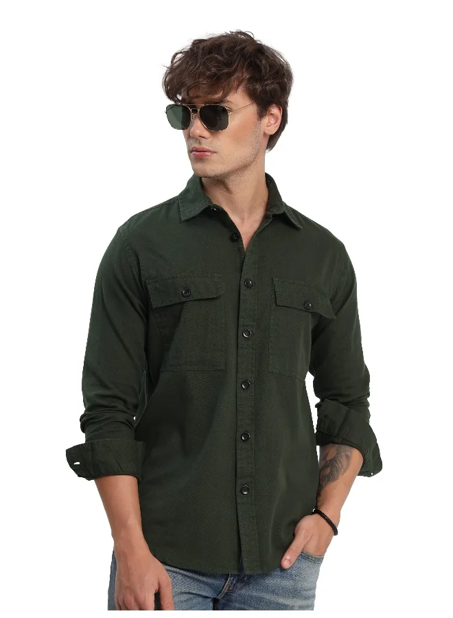 Beyoung Deep Olive Green Urban Shirt for Men