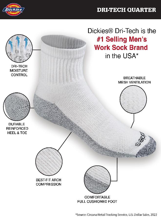 Dickies Dickies Men's Dri-tech Moisture Control Quarter Socks Multipack, White (6 Pairs), Shoe Size: 6-12 - Image 1