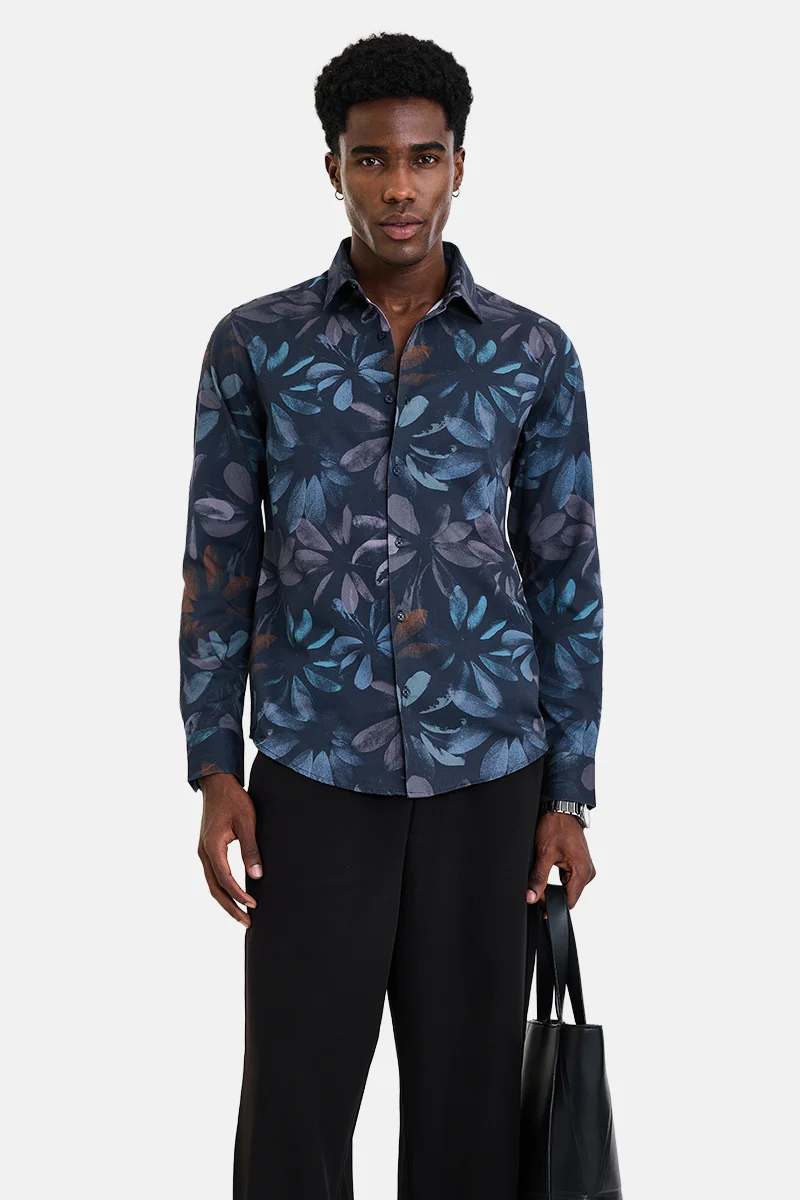 SNITCH Navy Blue Floral Long Sleeve Slim Fit Casual Shirt