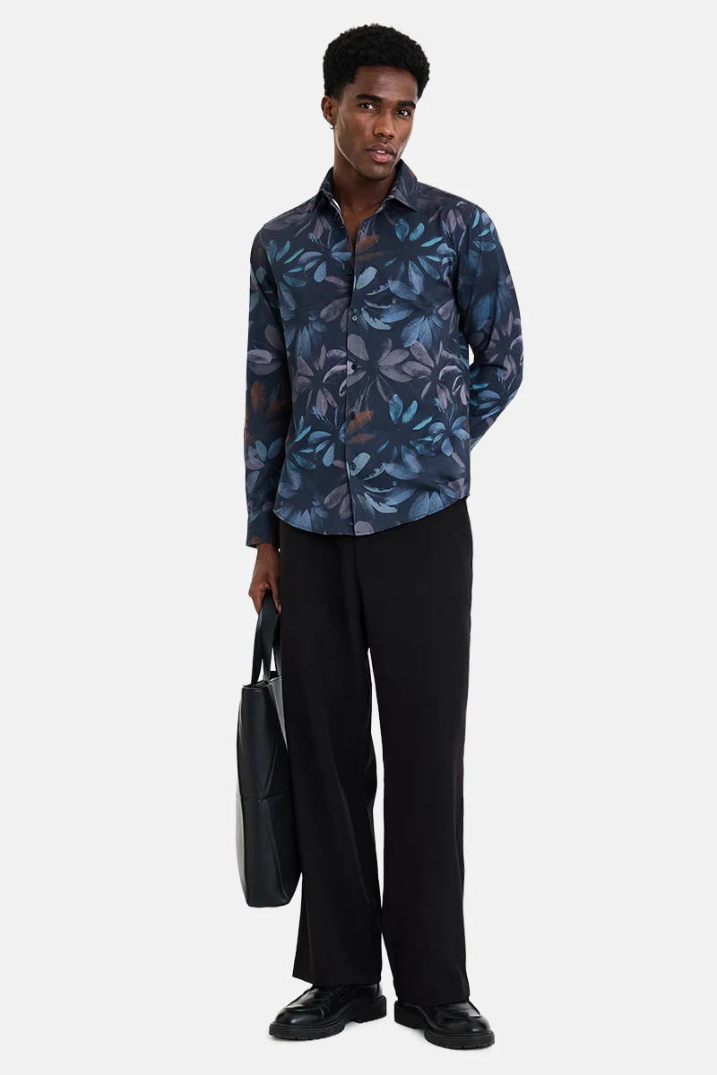 SNITCH Navy Blue Floral Long Sleeve Slim Fit Casual Shirt