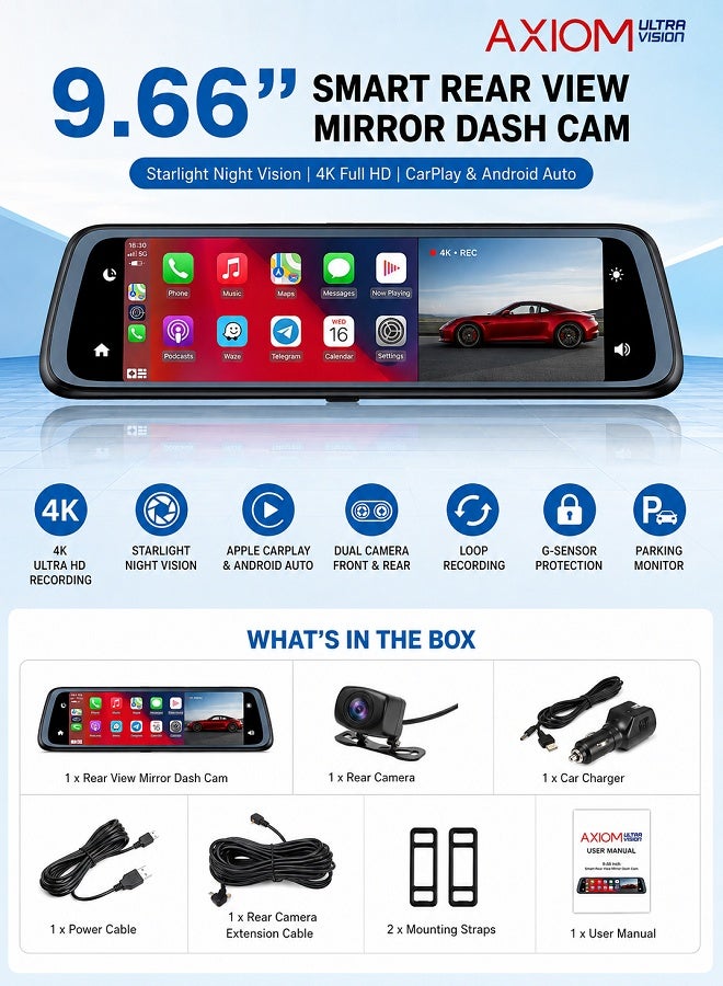 AXIOM 9.66 Inch Smart Rear View Mirror Dash Cam 4K Full HD | Starlight Night Vision | Apple CarPlay & Android Auto | Dual Camera Driving Recorder | Touch Screen Car DVR with Loop Recording - Image 1