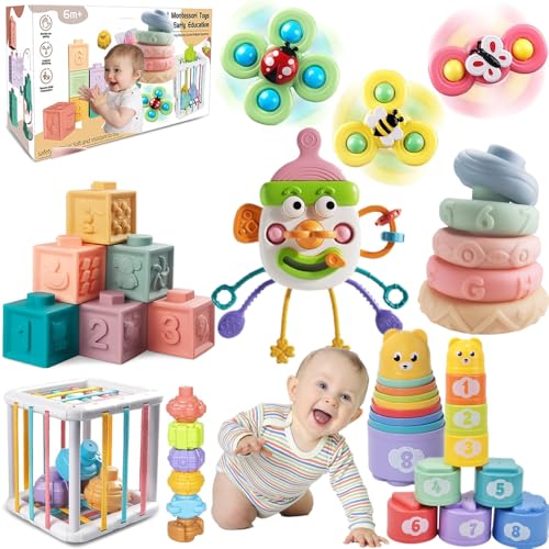 ELLECK Baby Toys 612 Months Montessori Toys for Toddlers 13 Year Old Busy Cube Teether Infants Bath 6 in 1 Stacking Blocks Rings Suction Cup Spinner Shape Bin Sensory 0035 - Image 1