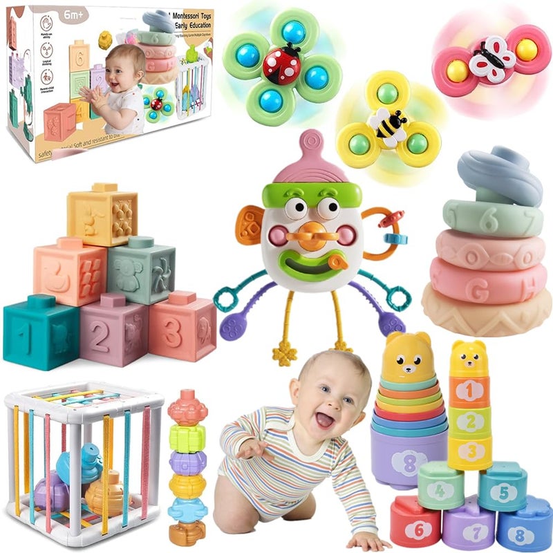 ELLECK Baby Toys 612 Months Montessori Toys for Toddlers 13 Year Old Busy Cube Teether Infants Bath 6 in 1 Stacking Blocks Rings Suction Cup Spinner Shape Bin Sensory 0035 - Image 2