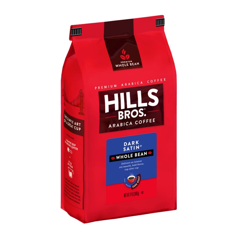 Hills Bros. Dark Satin Whole Bean Coffee â€“ Rich and Bold Premium Arabica Coffee Beans â€“ Orthodox Union Kosher â€“ Dark Roast, Fresh Grind for Best Aroma & Taste â€“ Dark Satin, 1 Pack of 24oz - Image 1