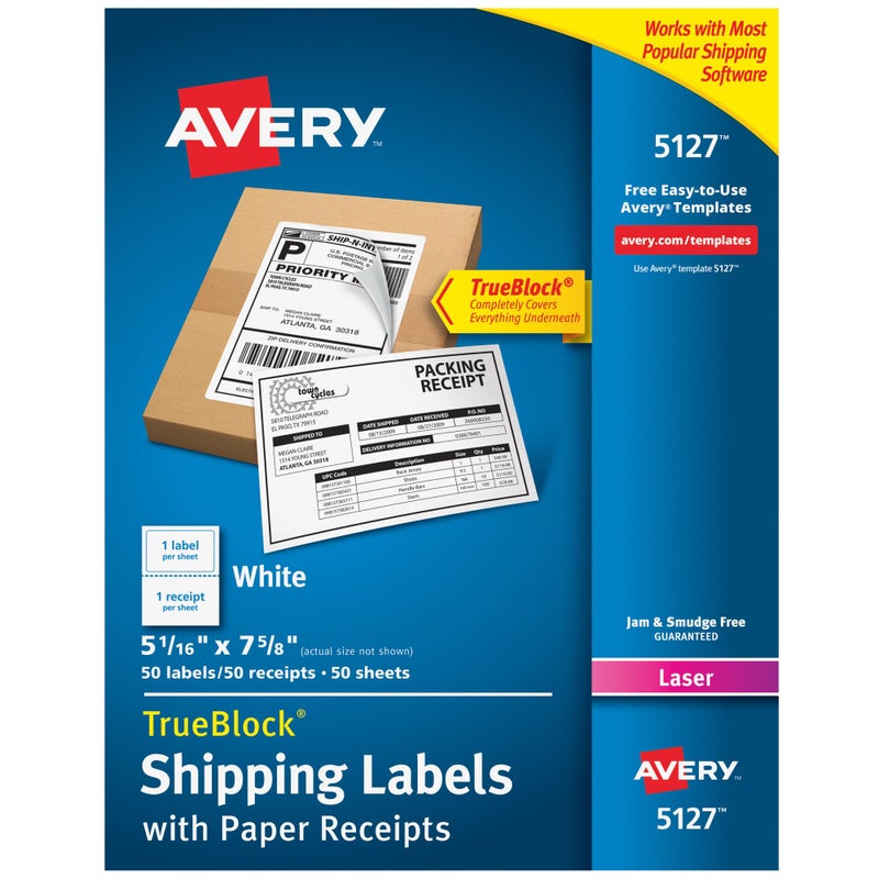 Avery Printable Shipping Labels with Paper Receipts, 5-1/16" x 7-5/8", White, 50 Blank Mailing Labels (5127) - Image 1