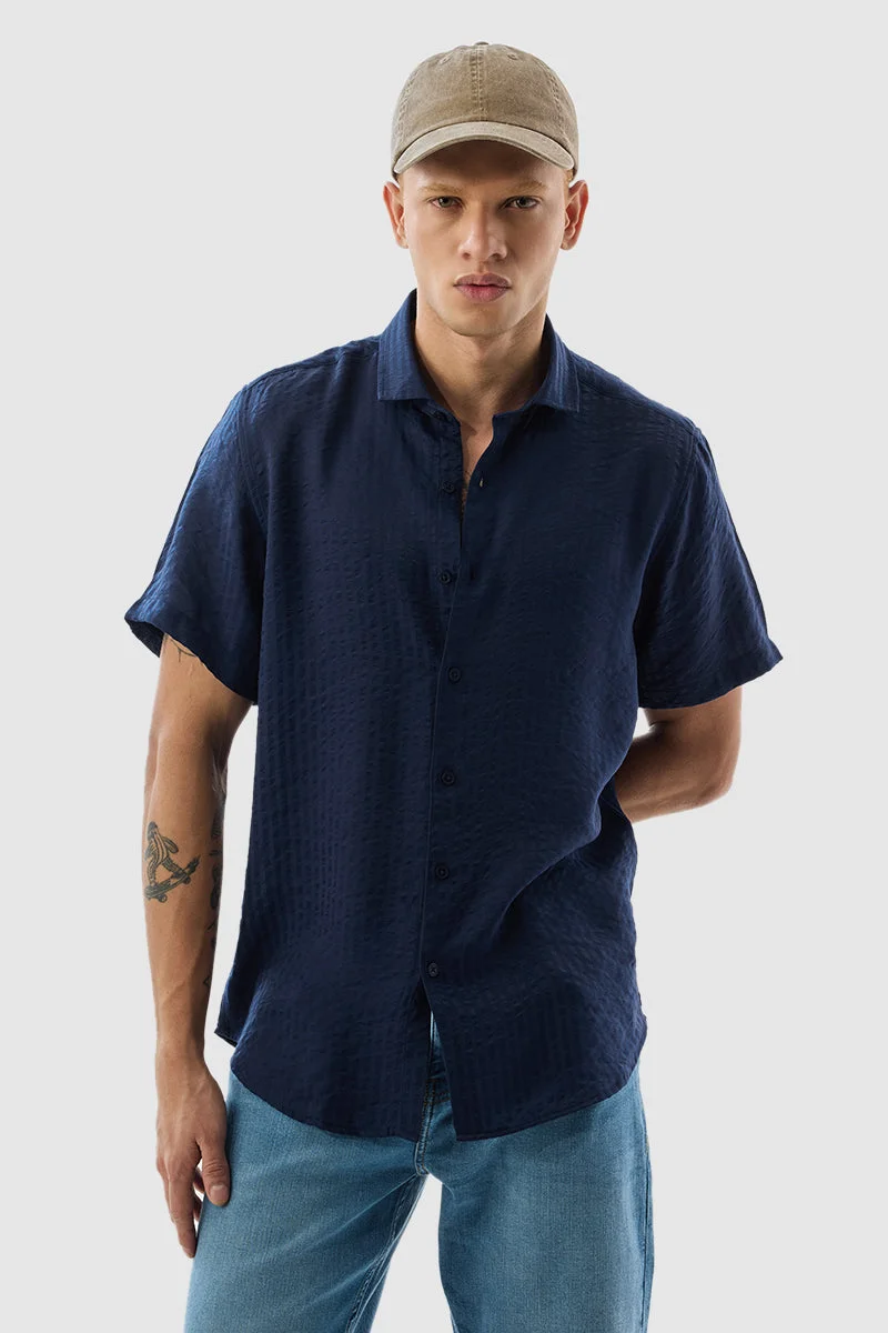 سنيتش Dark Blue Striped Half Sleeve Regular Fit Casual Shirt