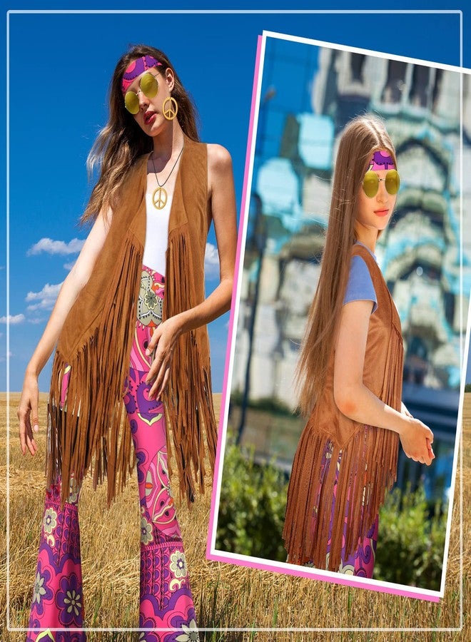Haull 7 Pcs 60s 70s Outfits for Women Hippie Costume Set Hippie Boho Flared Pants Fringe Vest Tassel Peace Sign Accessories Set (Exotic, X-Large) - Image 5