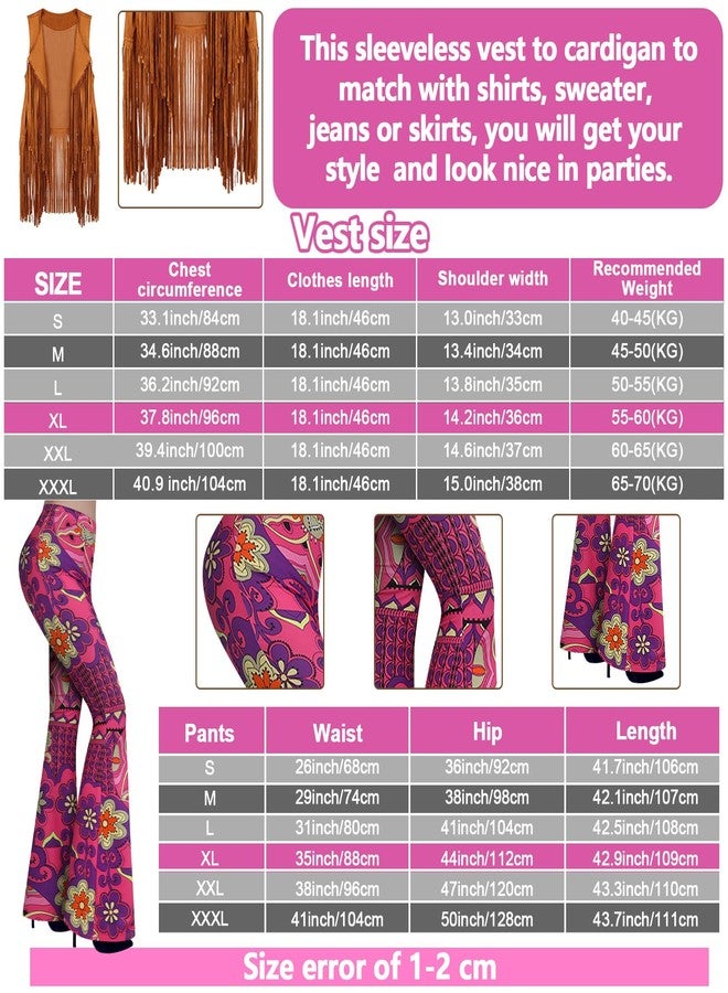 Haull 7 Pcs 60s 70s Outfits for Women Hippie Costume Set Hippie Boho Flared Pants Fringe Vest Tassel Peace Sign Accessories Set (Exotic, X-Large) - Image 3